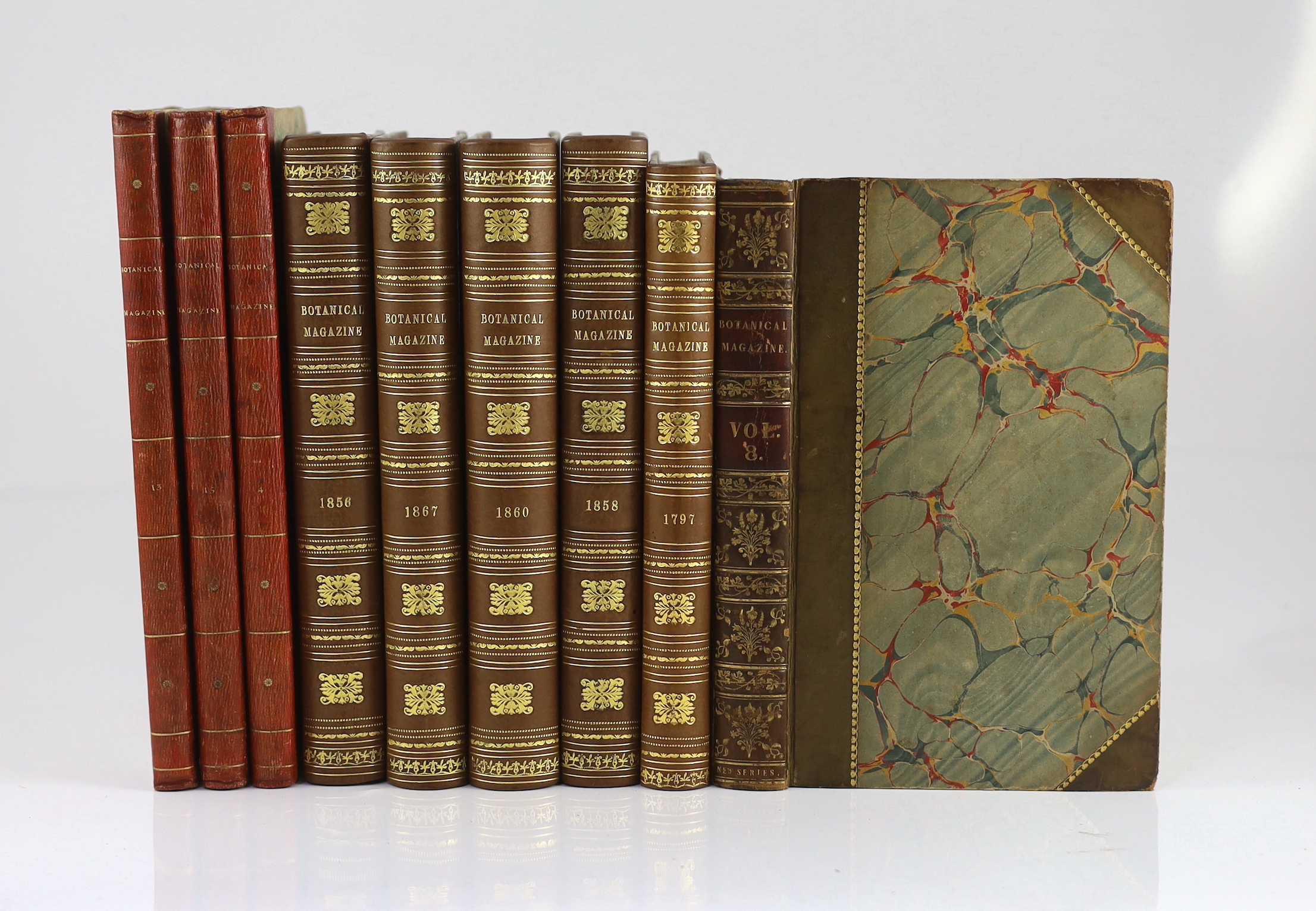 Curtis, William - A Botanical Magazine; or, Flower-Garden Displayed ... vols. IV, XI and XII (bound together), XIII and XV; New Series vol. VIII; Third Series vols. XII, XIV, XVI and XXIII. (10 vols).
